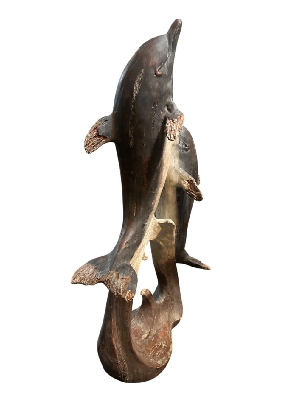 Dolphin Sculpture 2 Dolphins Swimming On Wave Base Nautical Decor 20" - Picture 2 of 8